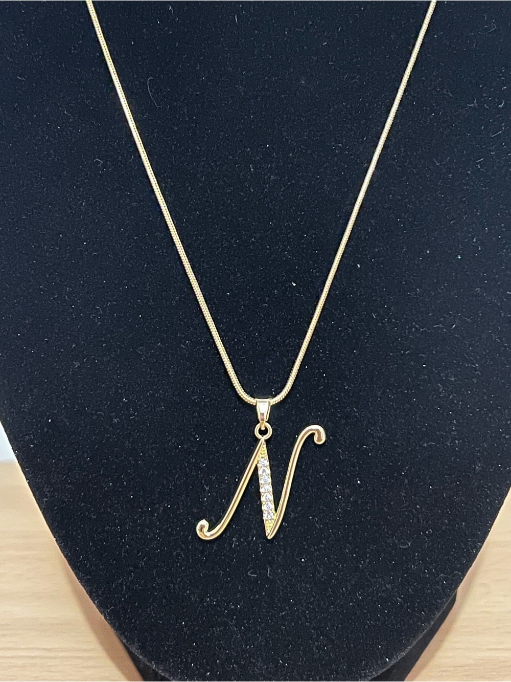 N Initial Rhinestone Chain Necklace Gold - Picture 2 of 2